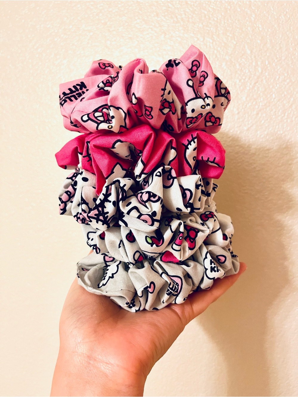 Handmade Hello Kitty Pink, Hot Pink & Gray Scrunchie Set